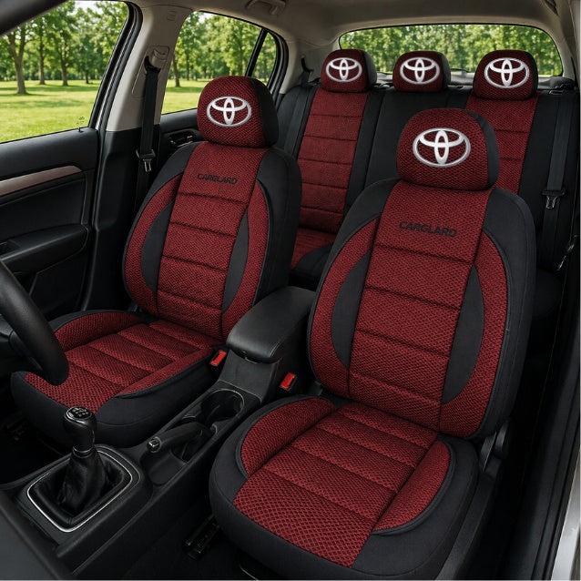 Set Huse Scaune Universale Premium Carguard Personalizate cu Toyota – Negru/Visiniu