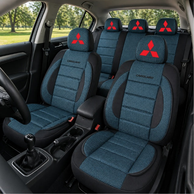 Set Huse Scaune Universale Premium Carguard Personalizate cu Mitsubishi – Negru/Albastru