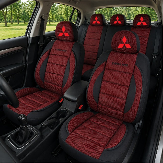 Set Huse Scaune Universale Premium Carguard Personalizate cu Mitsubishi – Negru/Visiniu