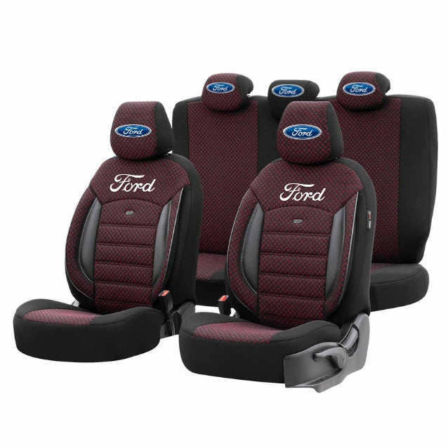 Set Huse Scaune Universale Premium OTOM Personalizate cu Ford – Negru/Visiniu