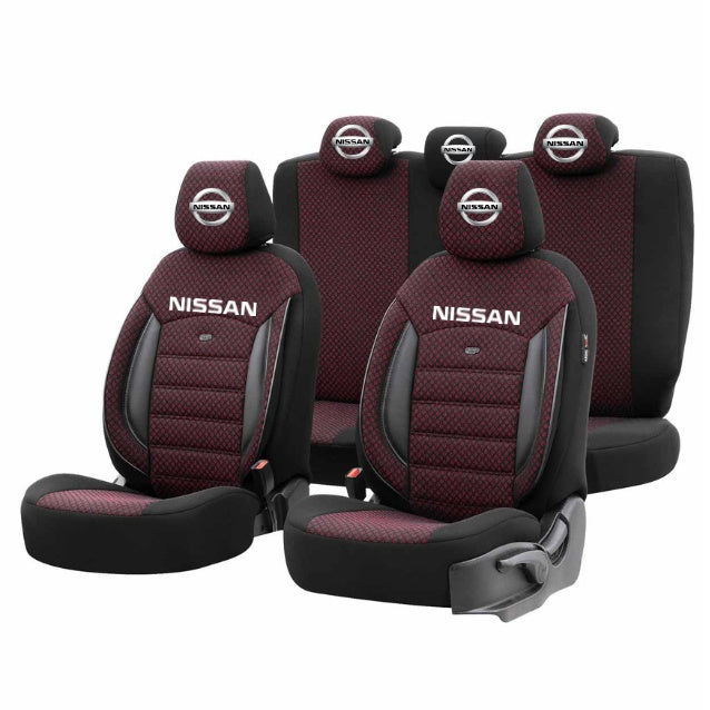 Set Huse Scaune Universale Premium OTOM Personalizate cu Nissan – Negru/Visiniu