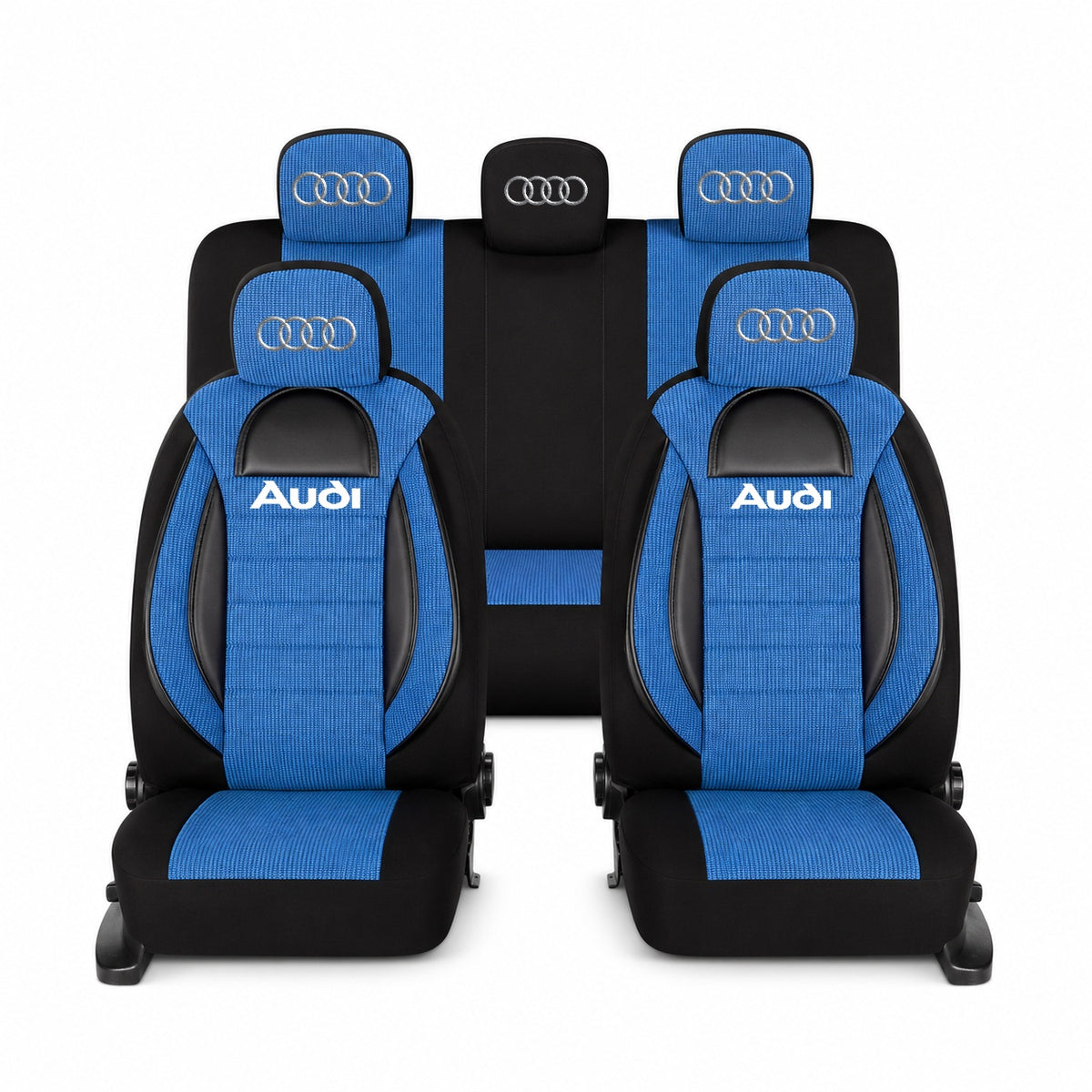 Set Huse Scaune Universale Racing, Albastru cu Negru Personalizate cu Audi