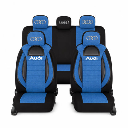 Set Huse Scaune Universale Racing, Albastru cu Negru Personalizate cu Audi