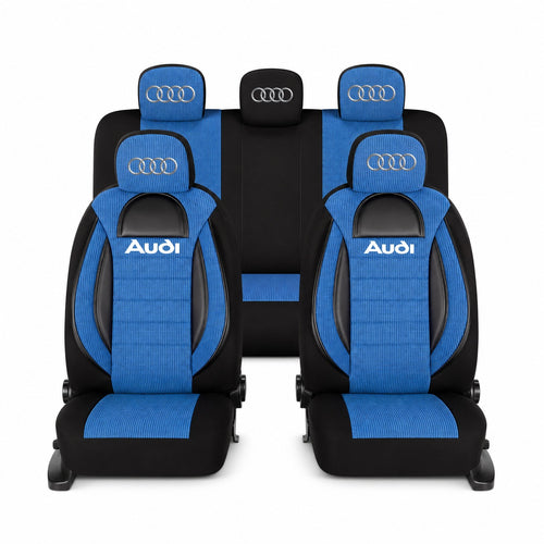 Set Huse Scaune Universale Racing, Albastru cu Negru Personalizate cu Audi