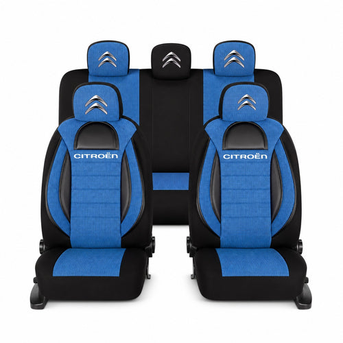 Set Huse Scaune Universale Racing, Albastru cu Negru Personalizate cu Citroen