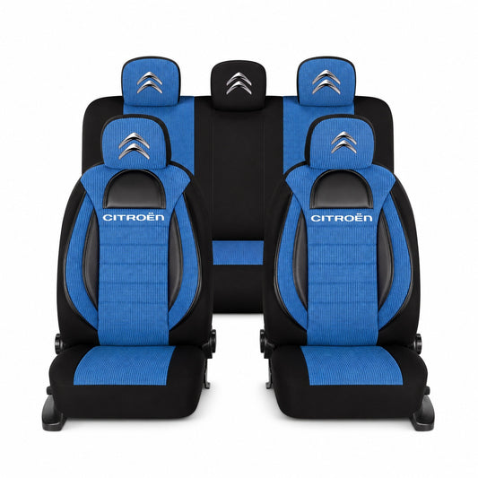 Set Huse Scaune Universale Racing, Albastru cu Negru Personalizate cu Citroen