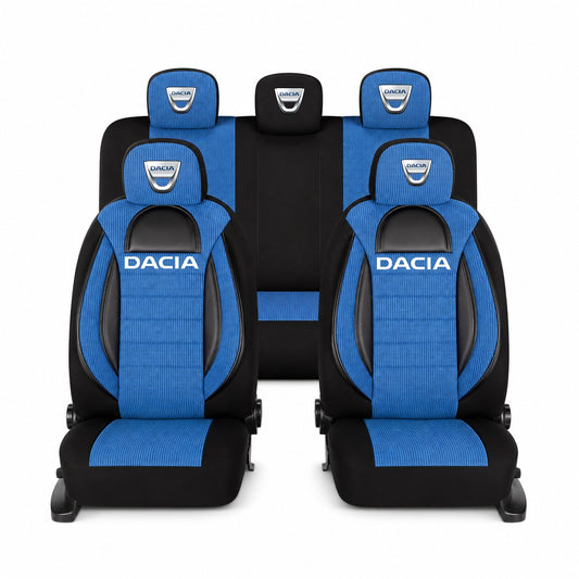 Set Huse Scaune Universale Racing, Albastru cu Negru Personalizate cu Dacia