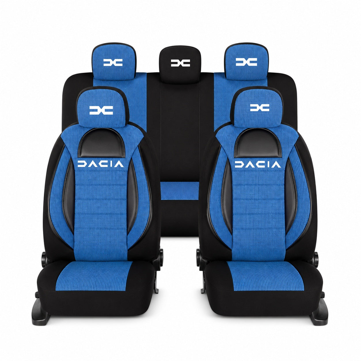 Set Huse Scaune Universale Racing, Albastru cu Negru Personalizate cu Dacia Nou