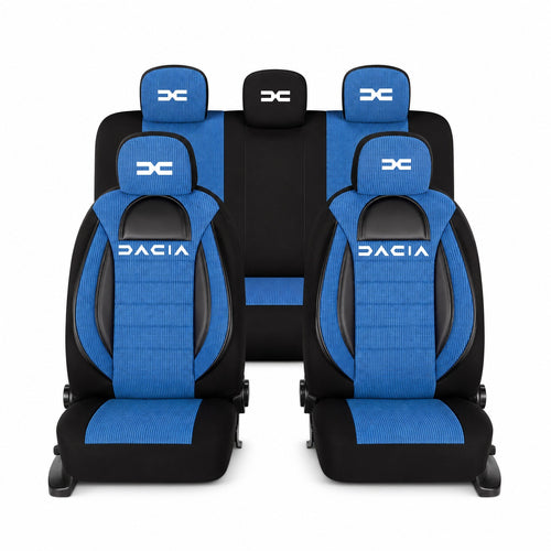 Set Huse Scaune Universale Racing, Albastru cu Negru Personalizate cu Dacia Nou