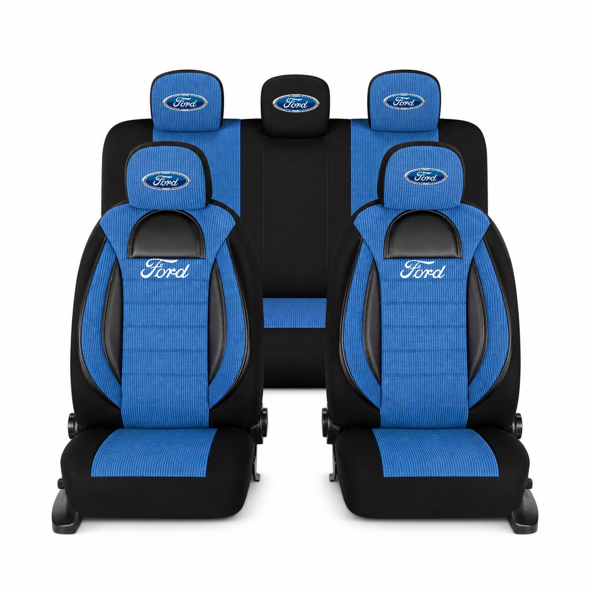 Set Huse Scaune Universale Racing, Albastru cu Negru Personalizate cu Ford