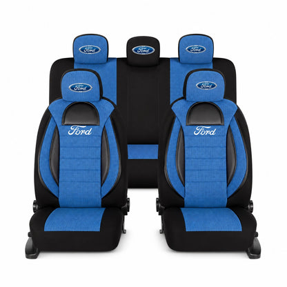 Set Huse Scaune Universale Racing, Albastru cu Negru Personalizate cu Ford