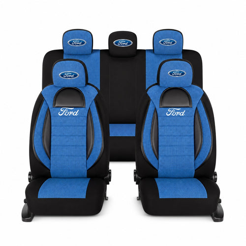 Set Huse Scaune Universale Racing, Albastru cu Negru Personalizate cu Ford