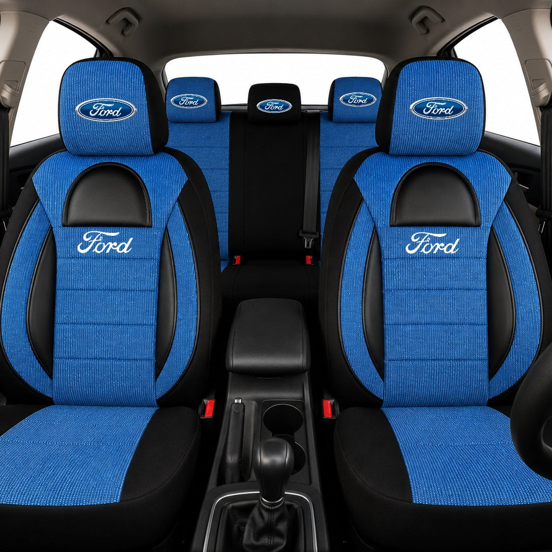 Set Huse Scaune Universale Racing, Albastru cu Negru Personalizate cu Ford