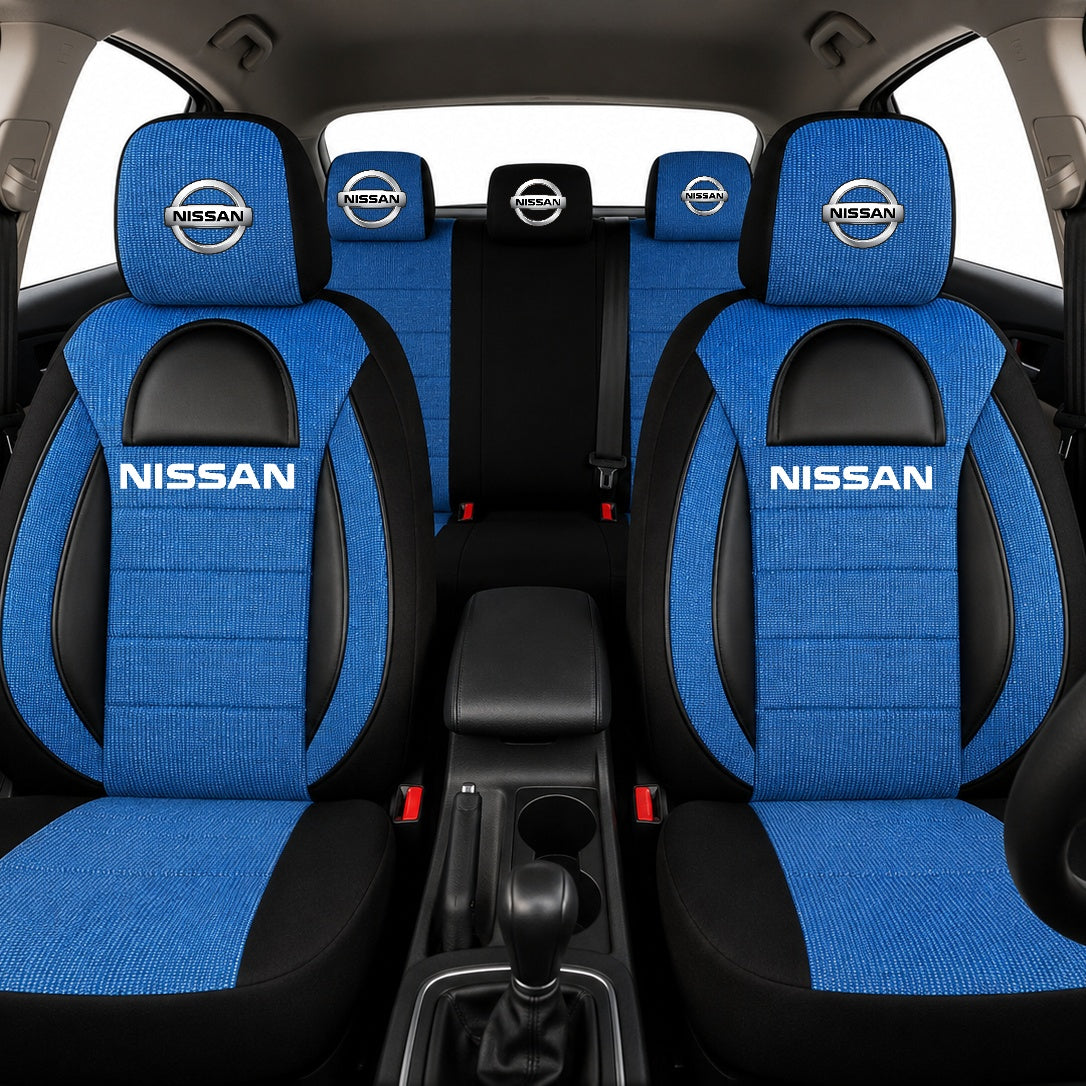 Set Huse Scaune Universale Racing, Albastru cu Negru Personalizate cu Nissan