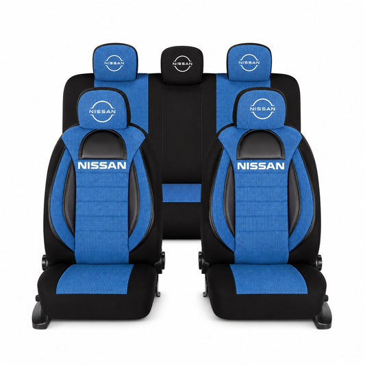Set Huse Scaune Universale Racing, Albastru cu Negru Personalizate cu Nissan Nou