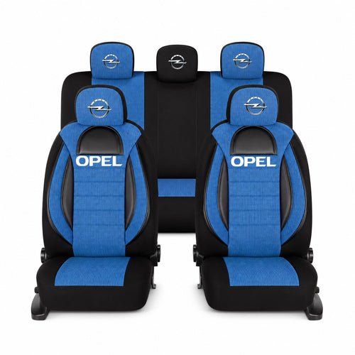 Set Huse Scaune Universale Racing, Albastru cu Negru Personalizate cu Opel