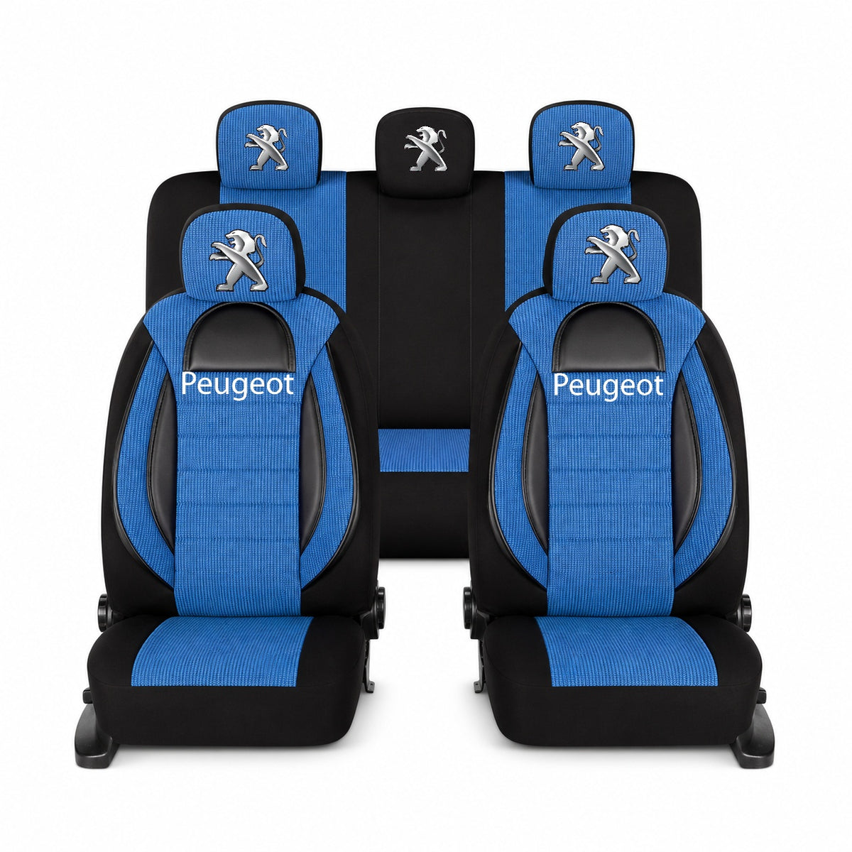 Set Huse Scaune Universale Racing, Albastru cu Negru Personalizate cu Peugeot