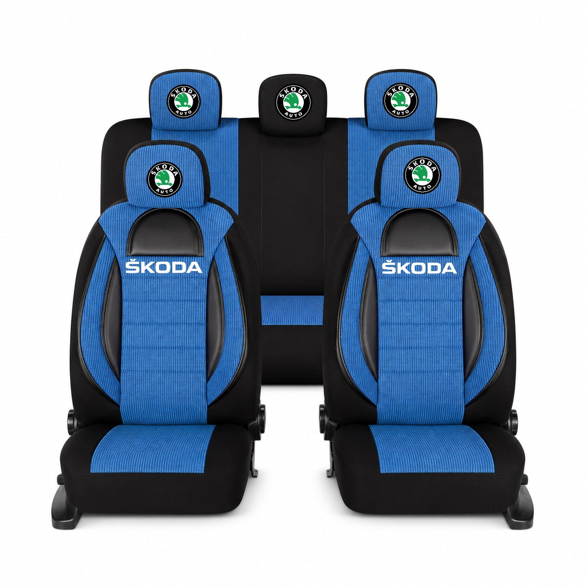 Set Huse Scaune Universale Racing, Albastru cu Negru Personalizate cu Skoda