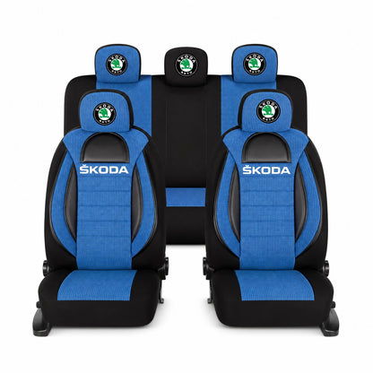 Set Huse Scaune Universale Racing, Albastru cu Negru Personalizate cu Skoda