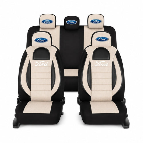 Set Huse Scaune Universale Racing, Bej cu Negru Personalizate cu Ford