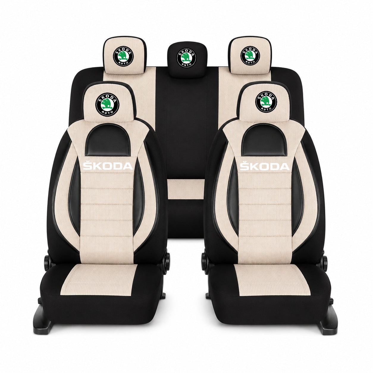 Set Huse Scaune Universale Racing, Bej cu Negru Personalizate cu Skoda