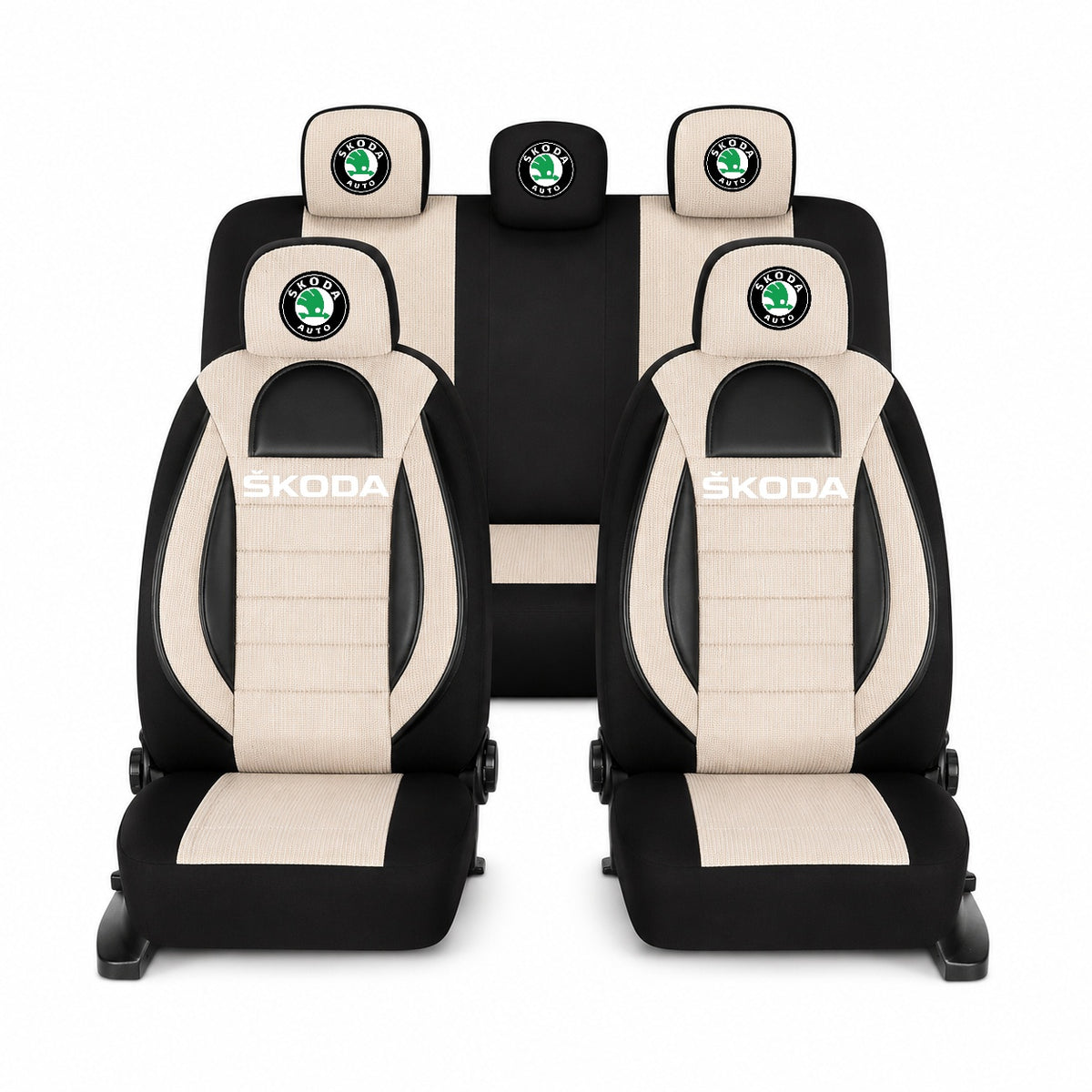 Set Huse Scaune Universale Racing, Bej cu Negru Personalizate cu Skoda