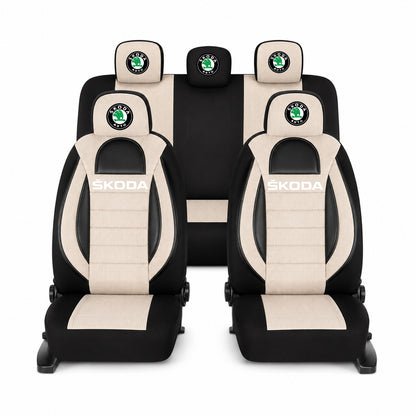 Set Huse Scaune Universale Racing, Bej cu Negru Personalizate cu Skoda