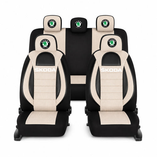 Set Huse Scaune Universale Racing, Bej cu Negru Personalizate cu Skoda