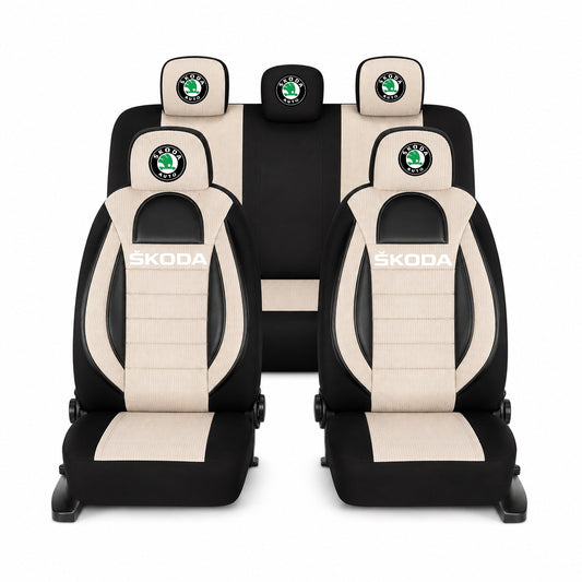 Set Huse Scaune Universale Racing, Bej cu Negru Personalizate cu Skoda