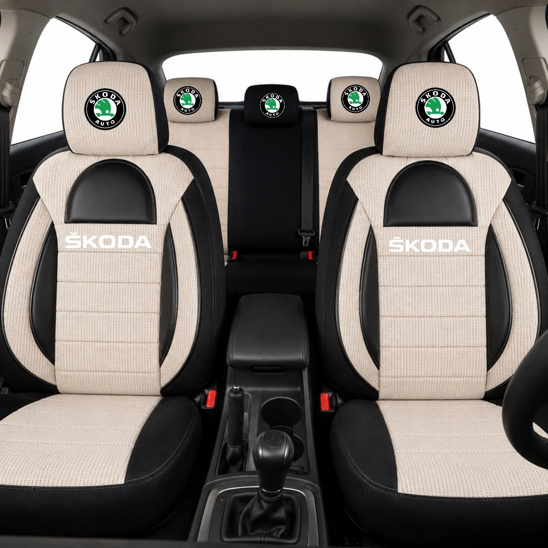 Set Huse Scaune Universale Racing, Bej cu Negru Personalizate cu Skoda