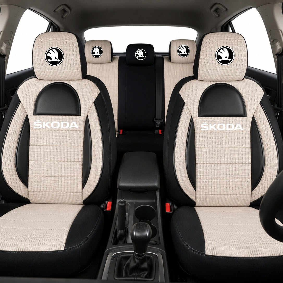 Set Huse Scaune Universale Racing, Bej cu Negru Personalizate cu Skoda Nou