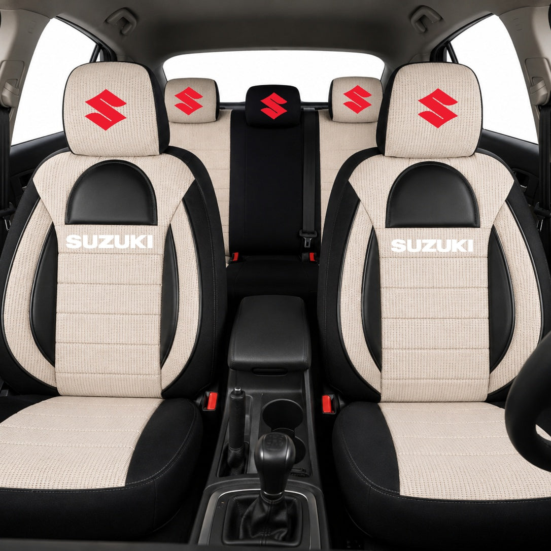 Set Huse Scaune Universale Racing, Bej cu Negru Personalizate cu Suzuki