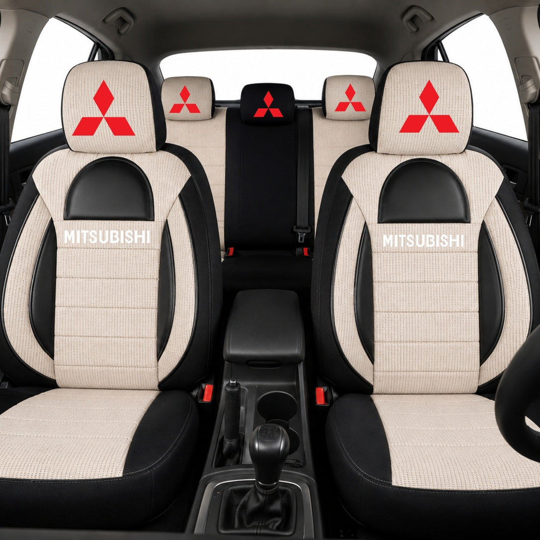 Set Huse Scaune Universale Racing, Bej cu Negru Personalizate cu Mitsubishi