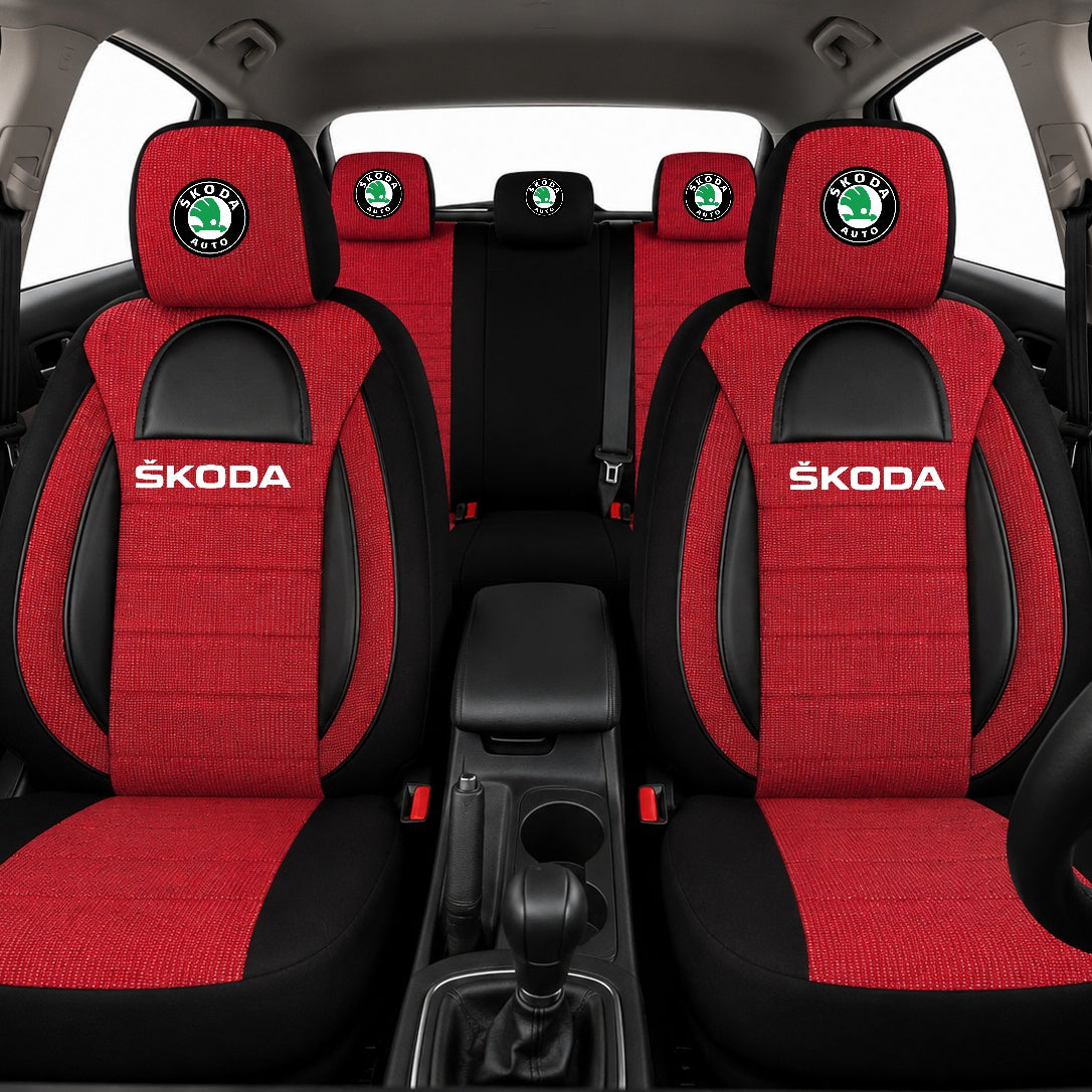 Set Huse Scaune Universale Racing, Rosu cu Negru Personalizate cu Skoda