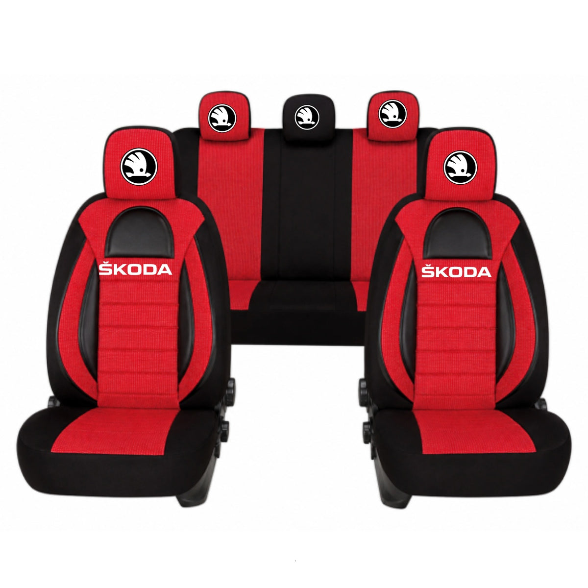 Set Huse Scaune Universale Racing, Rosu cu Negru Personalizate cu Skoda Nou