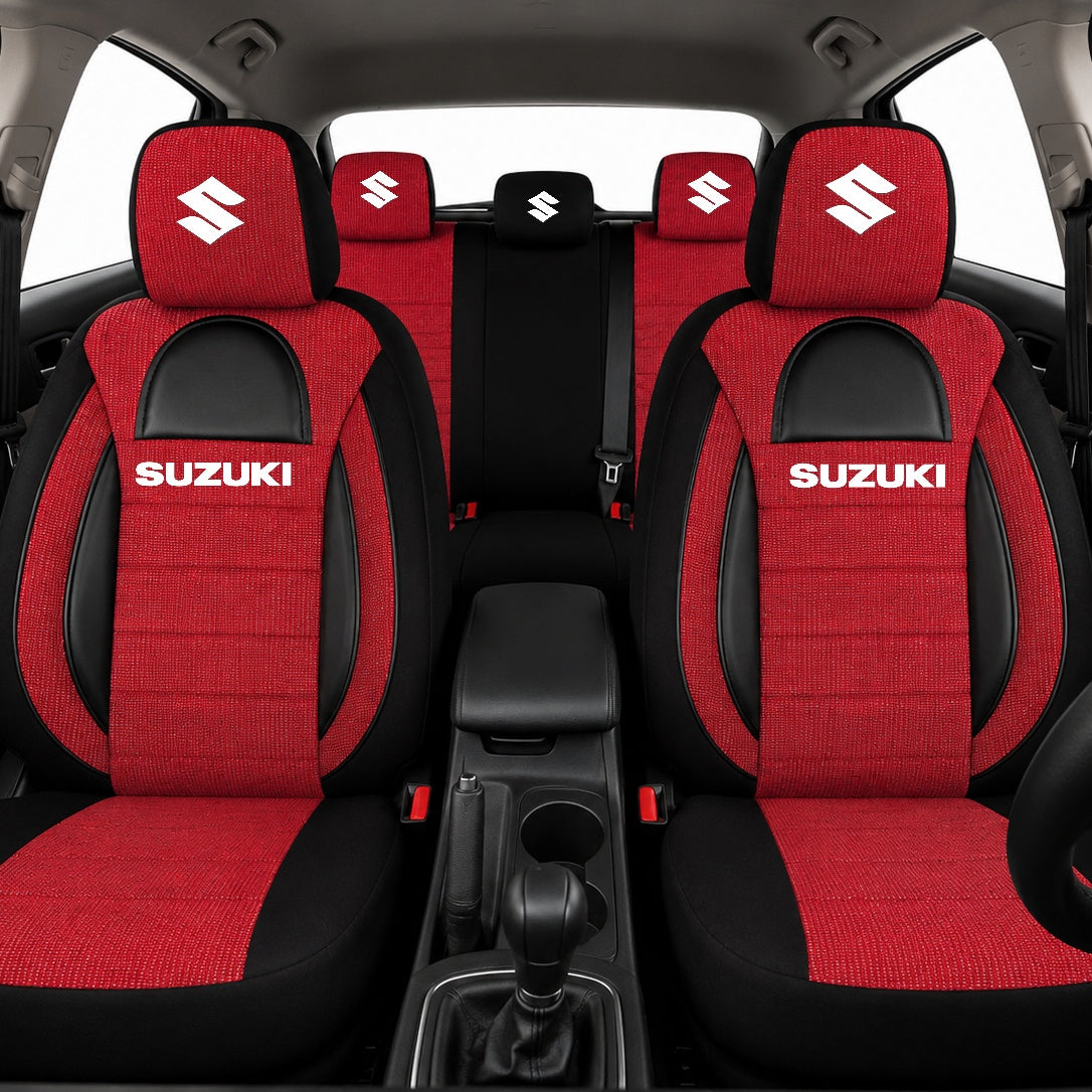 Set Huse Scaune Universale Racing, Rosu cu Negru Personalizate cu Suzuki