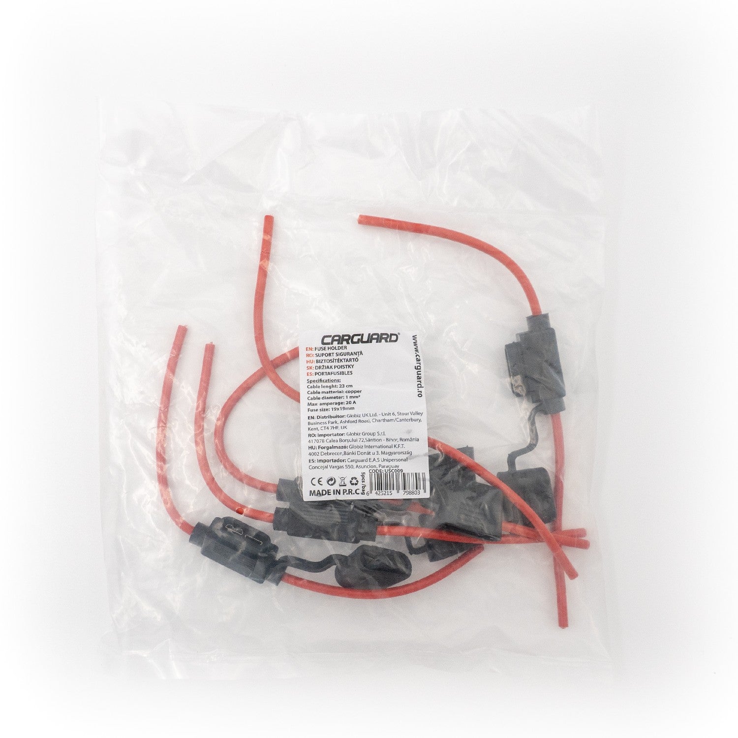 Set suport siguranță auto tip MIDI (19x13mm) etanșe Carguard - 5 buc – cablu 23 cm cupru 1 mm² – max 20A