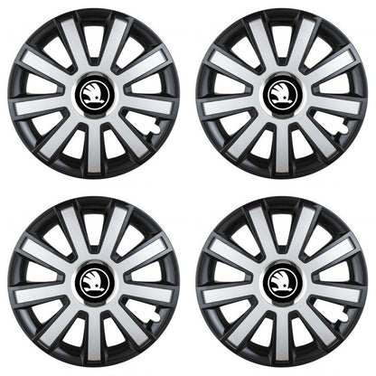 Set 4 capace roti Silver/black cu inel cromat R15 Compatibil Cu Skoda Nou