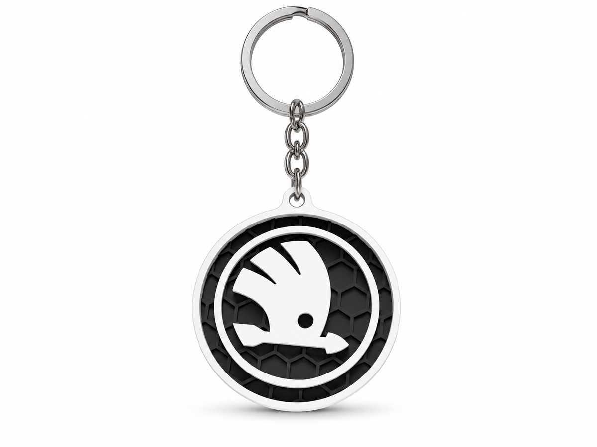 Breloc auto Skoda logo rotund cu lanț și inel