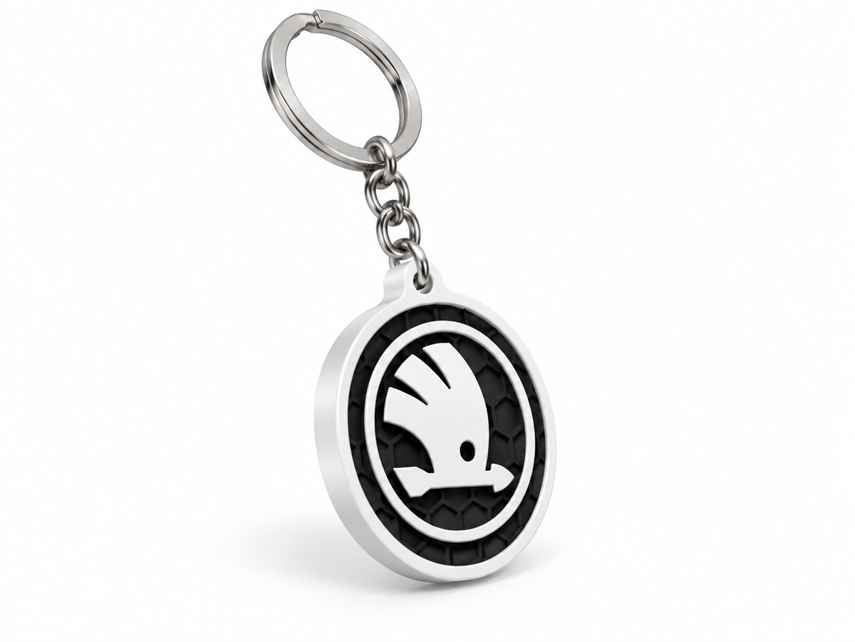 Breloc auto Skoda logo rotund cu lanț și inel