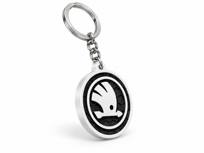 Breloc auto Skoda logo rotund cu lanț și inel