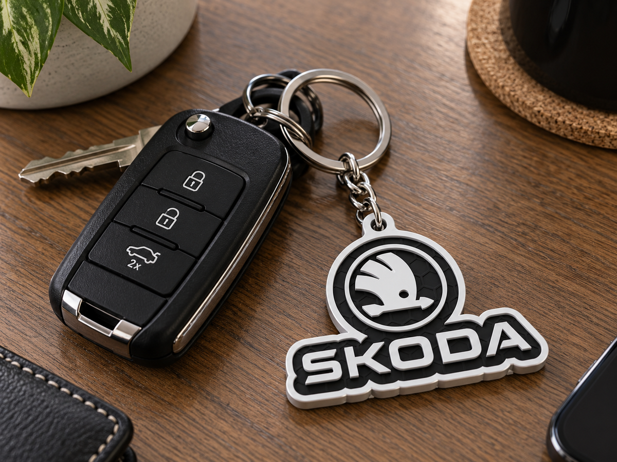 Breloc auto Skoda inscripție cu lanț și inel