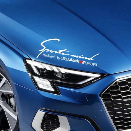 Sticker auto pentru far Audi, "Sport Mind Produced by Audi Sport" Alb-Rosu, 30 x 11 cm