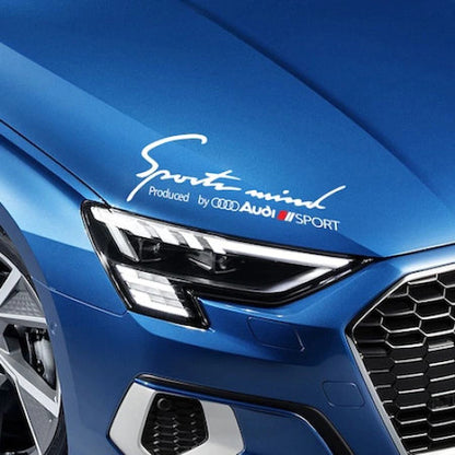 Sticker auto pentru far Audi, "Sport Mind Produced by Audi Sport" Alb-Rosu, 30 x 11 cm