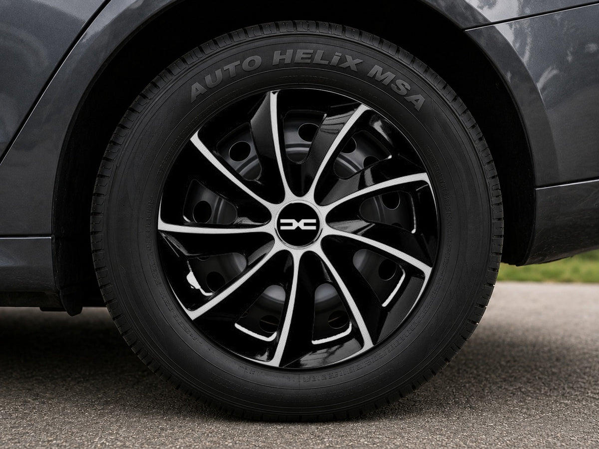Set 4 Capace Roti 15 inch (R15) Compatibile Cu Dacia Nou, model Stig Black & White