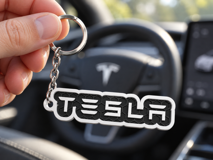 Breloc auto Tesla inscripție cu lanț și inel