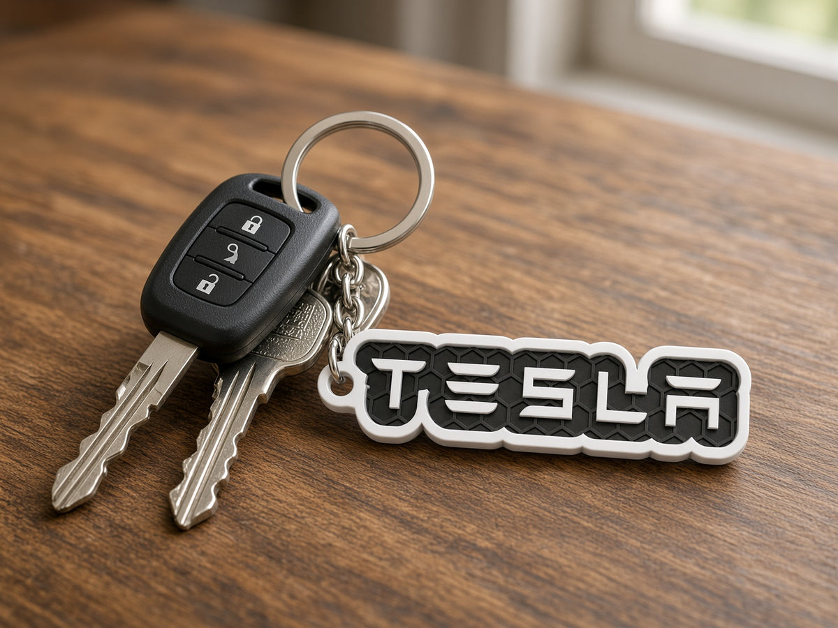 Breloc auto Tesla inscripție cu lanț și inel