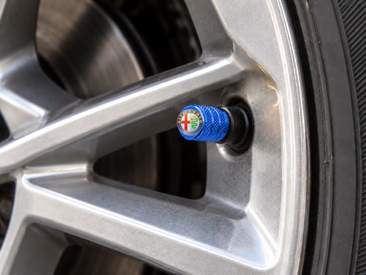 Set 4 Capacele Ventil Auto din Aluminiu cu Sigla Alfa Romeo - Albastru