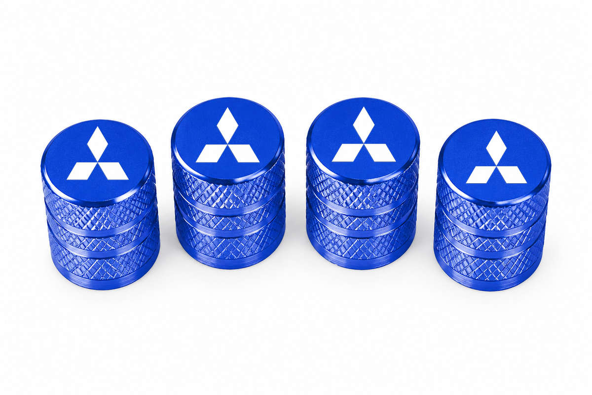 Set 4 Capacele Ventil Auto din Aluminiu cu Sigla Mitsubishi (Emblema Alba) - Albastru