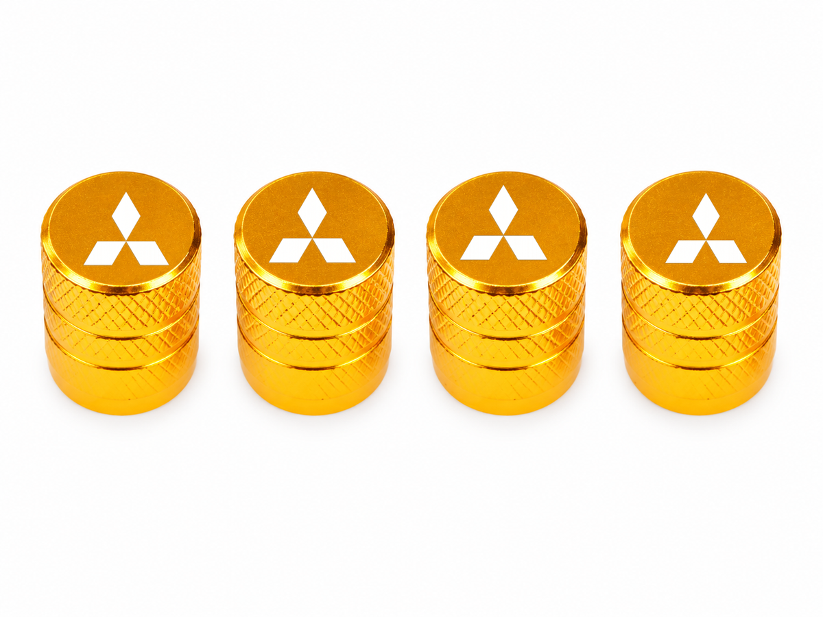 Set 4 Capacele Ventil Auto din Aluminiu cu Sigla Mitsubishi (Emblema Alba) - Gold